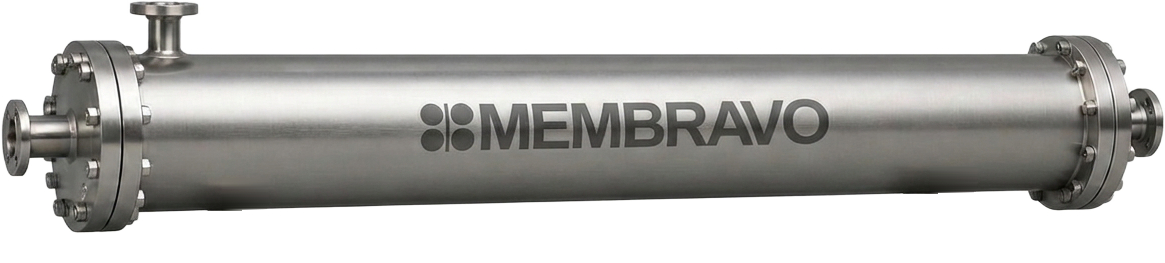 Isolated brushed stainless gas separation membrane vessel marked MEMBRAVO, with bolted end closures, one radial nozzle and axial connections at each end